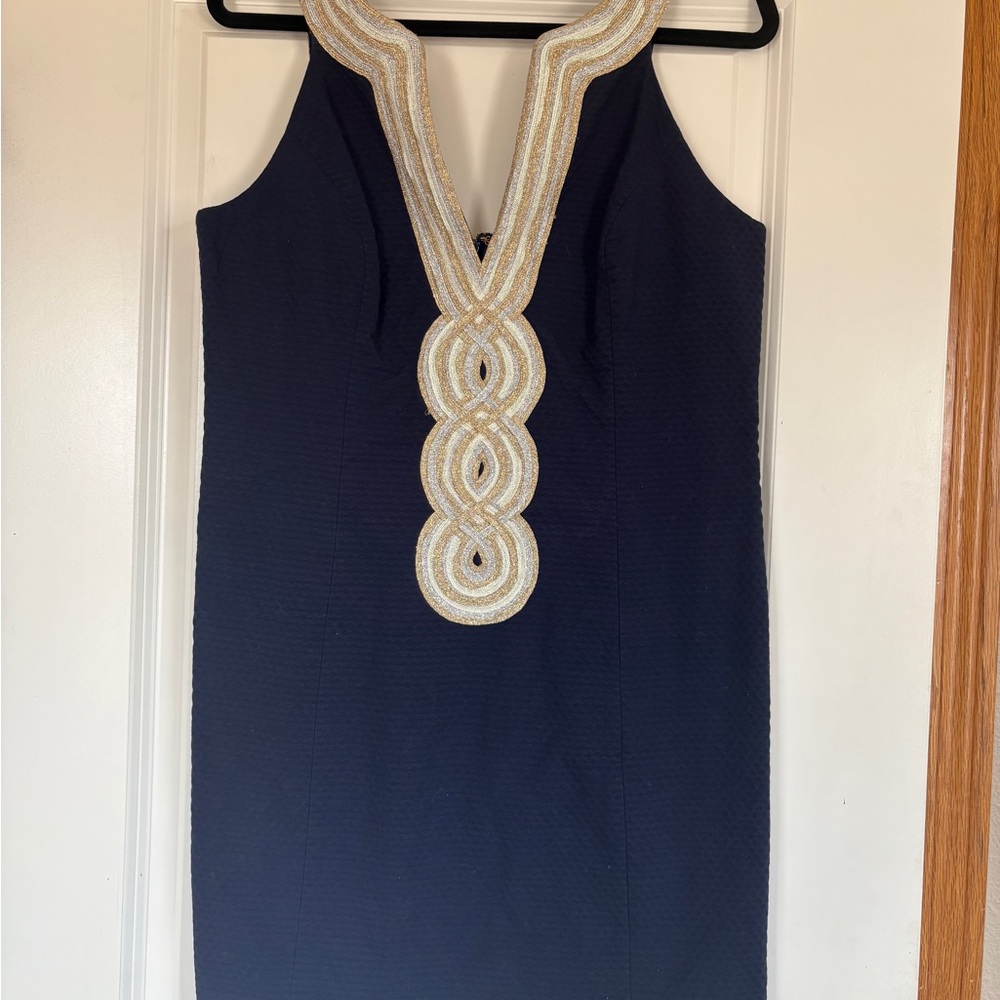 Lilly Pulitzer Navy Shift Dress w/Gold Embellishments Sz 12